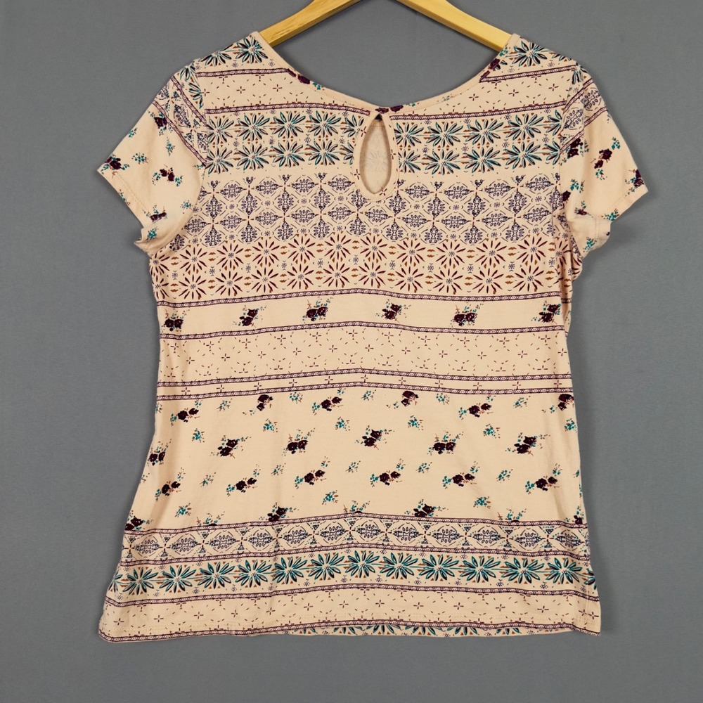 Sundance Womens Small Boho Floral Print Embroidered Applique Keyhole Tee Peach - Picture 2 of 8